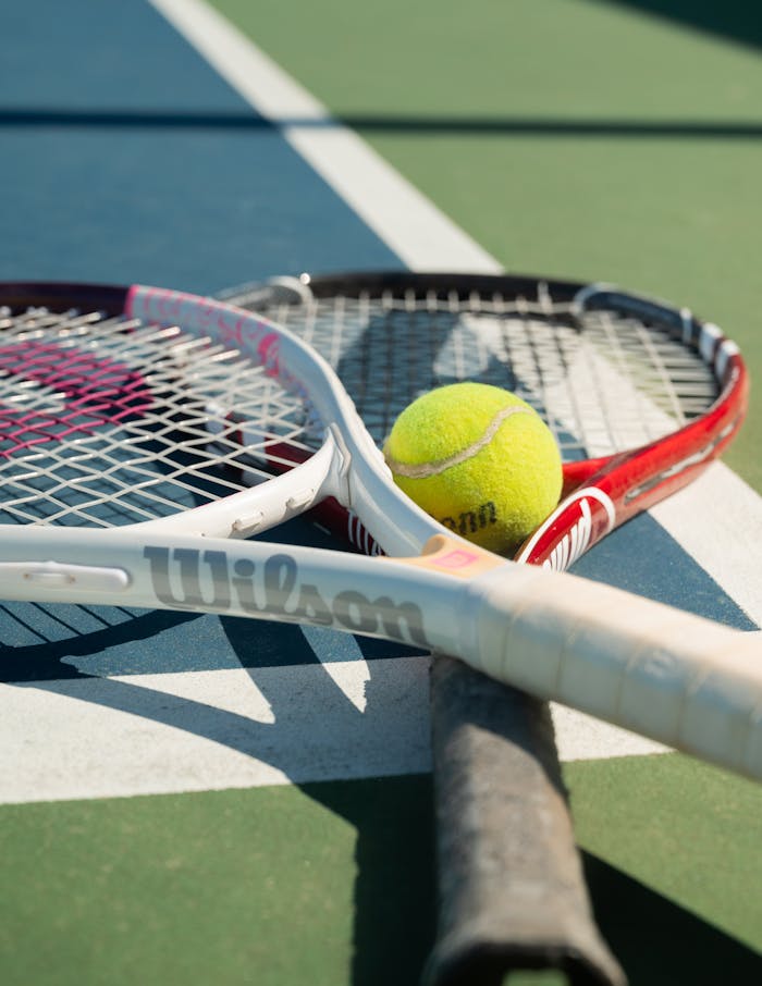 Tennis rackets and ball on a court in San Francisco, bright daylight.