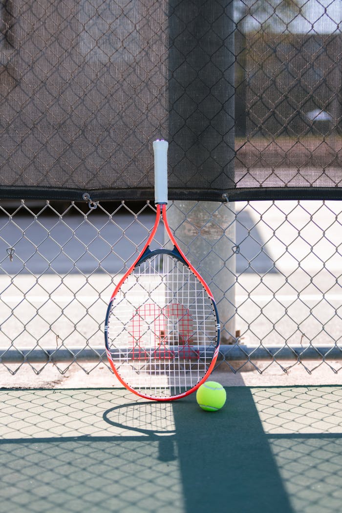 Tennis racket and ball leaning on a fence with shadows on the court.